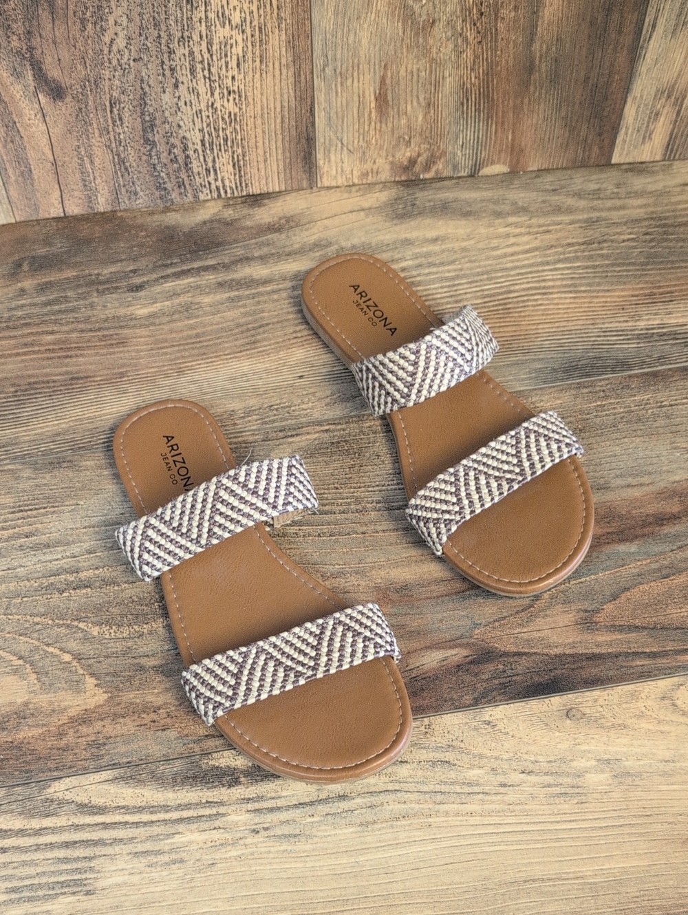 Arizona Jean Co Two-Strip Woven Tan Slide Flat Slip On Sandals 8 785A